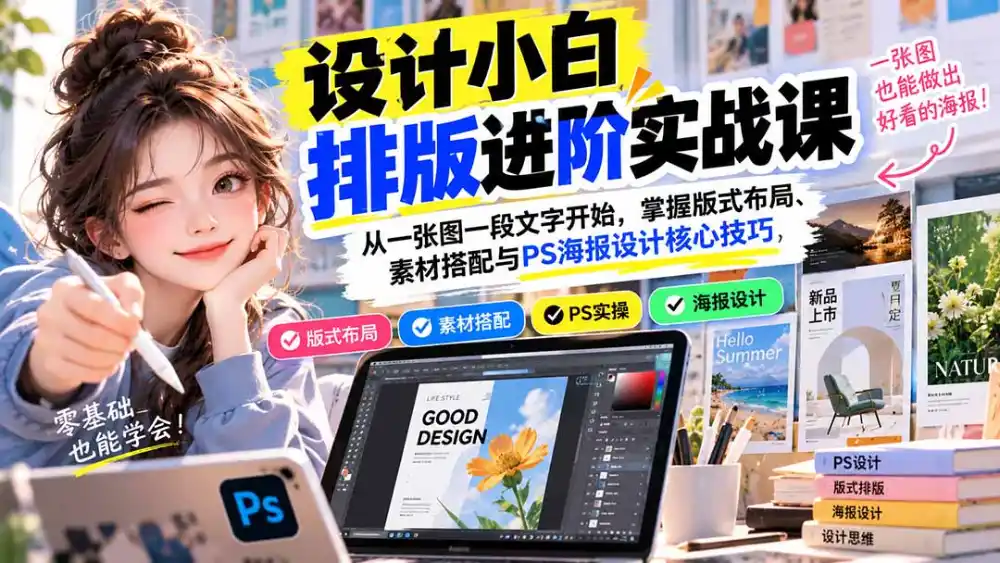 设计小白排版进阶实战课：从一张图一段文字开始，掌握版式布局、素材搭配与PS海报设计核心技巧-海淘下载站