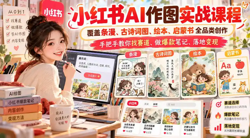 小红书AI作图实战课程,覆盖条漫、古诗词图、绘本、启蒙书全品类创作,手把手教你找赛道、做爆款笔记、落地变现(更新1017)-海淘下载站