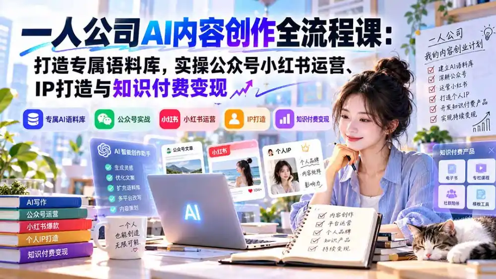 一人公司AI内容创作全流程课:打造专属语料库,实操公众号小红书运营、IP打造与知识付费变现方法论 一人公司AI内容创作全流程课:打造专属语料库,实操公众号小红书运营、IP打造与知识付费变现方法论