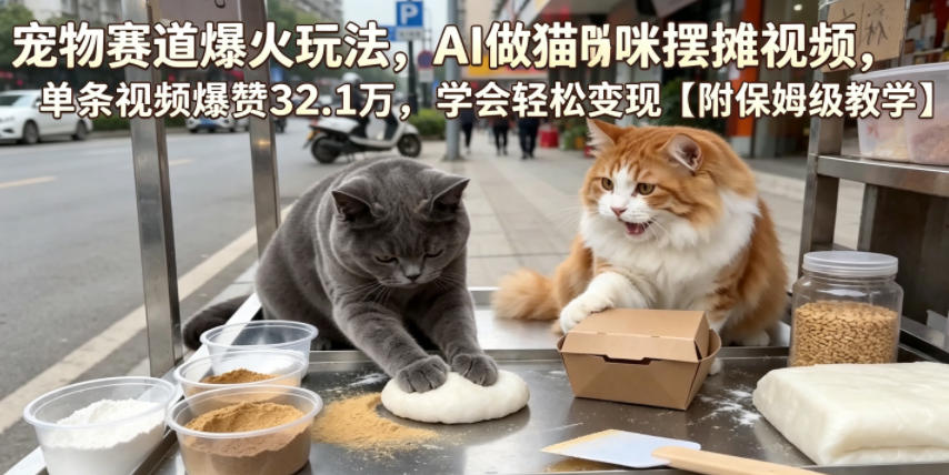宠物赛道爆火玩法,AI做猫咪摆摊视频,单条视频爆赞32.1万,学会轻松变现【附保姆级教学】-海淘下载站