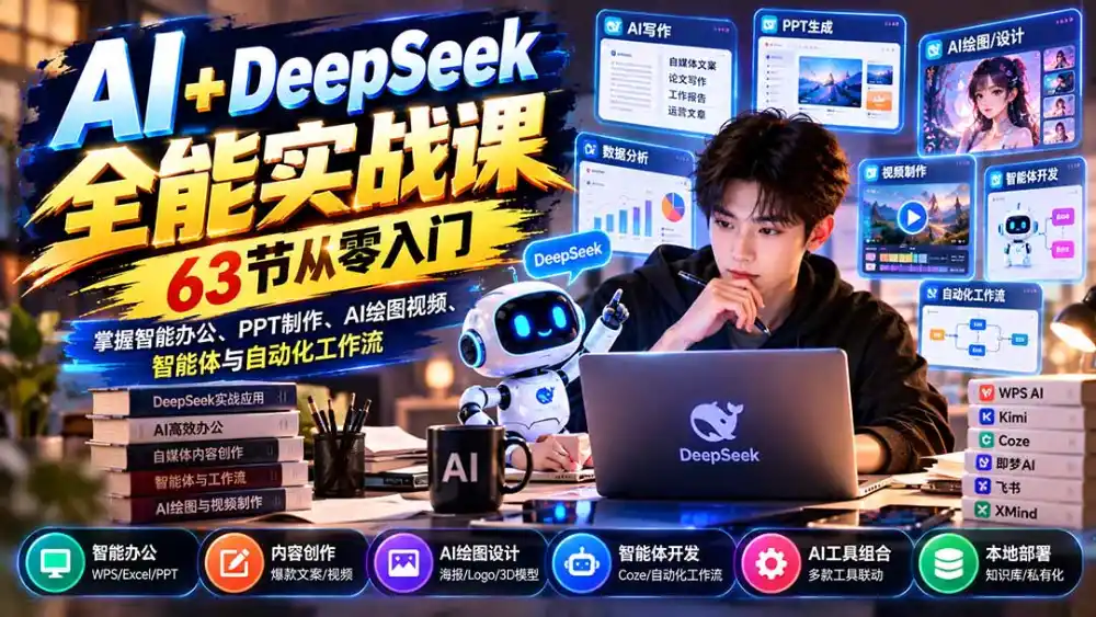 AI+DeepSeek全能实战课：63节从零入门，掌握智能办公、PPT制作、AI绘图视频、智能体与自动化工作流-海淘下载站