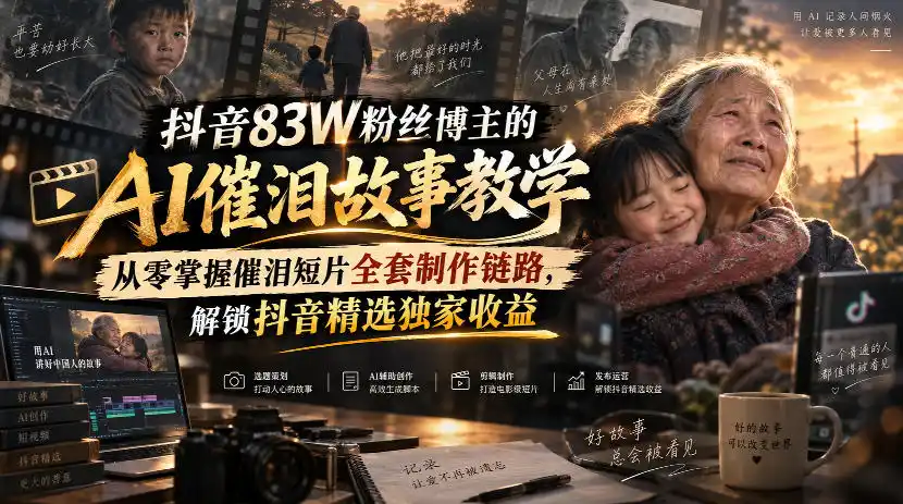 抖音83W粉丝博主的AI催泪故事教学，从零掌握催泪短片全套制作链路，解锁抖音精选独家收益-海淘下载站
