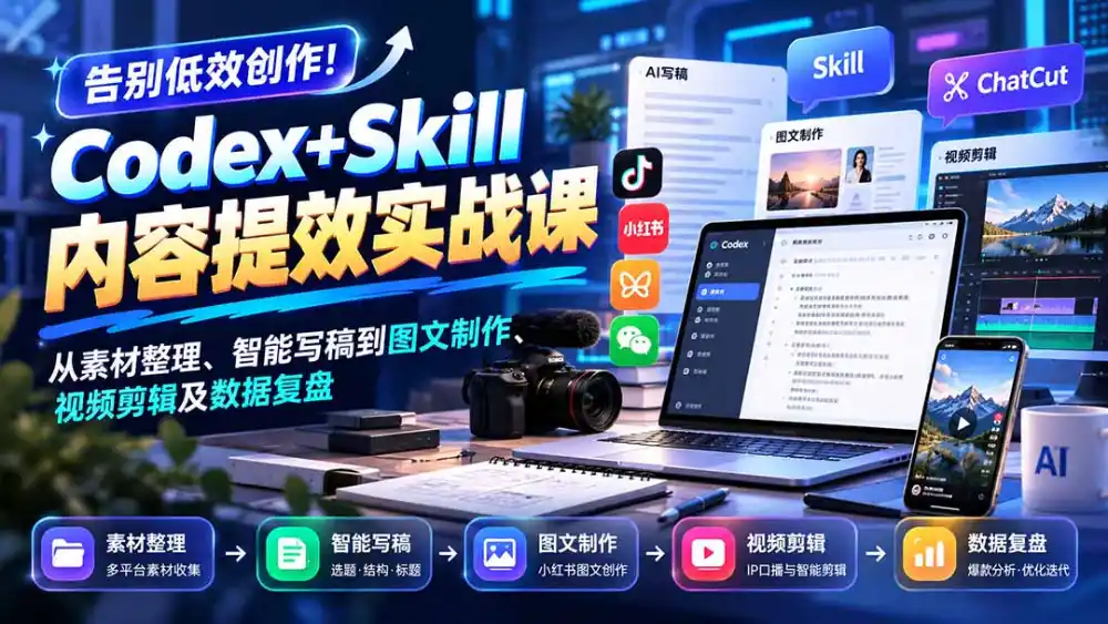 【无水印】告别低效创作!Codex+Skill内容提效实战课:从素材整理、智能写稿到图文制作、视频剪辑及数据复盘-海淘下载站
