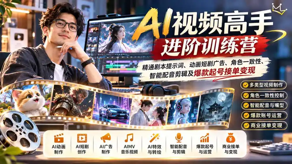 AI视频高手进阶训练营:精通剧本提示词、动画短剧广告、角色一致性、智能配音剪辑及爆款起号接单变现-海淘下载站