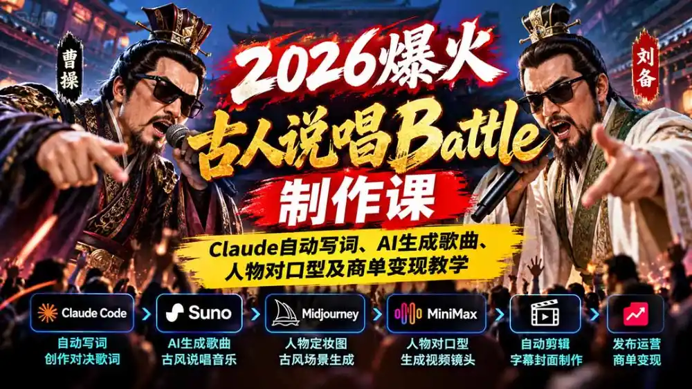 2026爆火古人说唱Battle制作课:Claude自动写词、AI生成歌曲、人物对口型及商单变现教学-海淘下载站