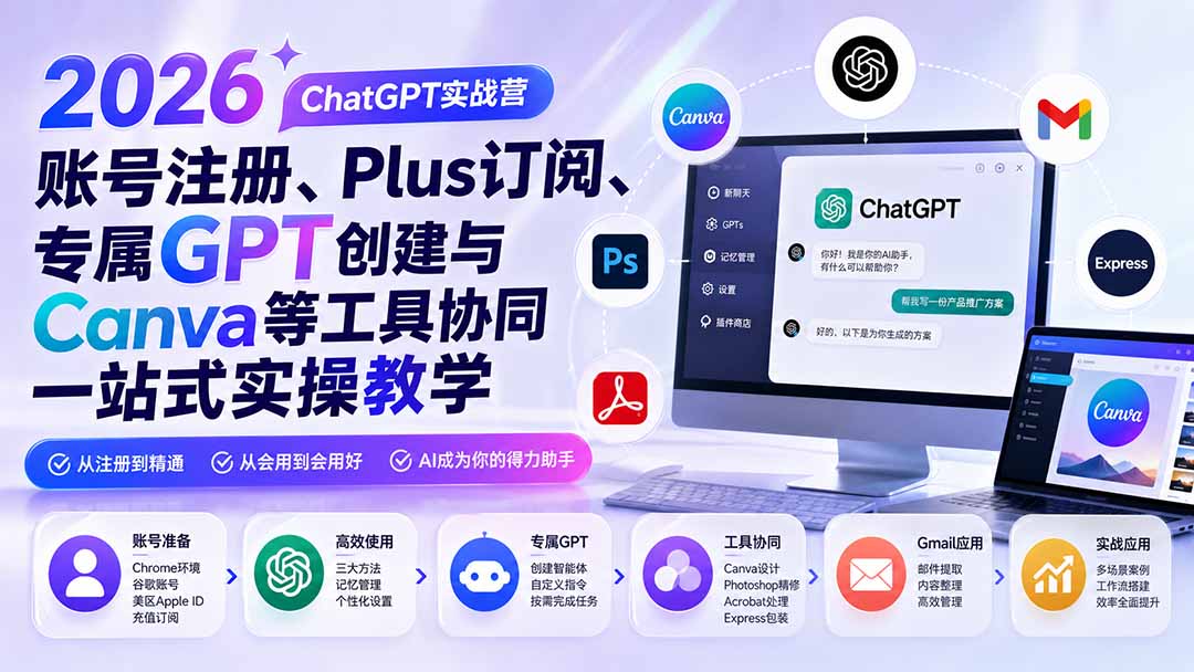 2026 ChatGPT实战营；账号注册、Plus订阅、专属GPT创建与Canva等工具协同一站式实操教学-海淘下载站