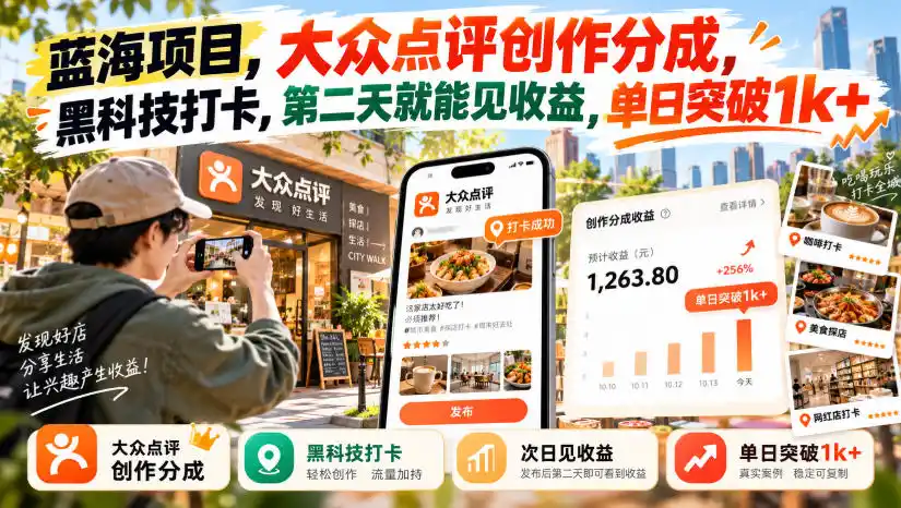 蓝海项目,大众点评创作分成,黑科技打卡,第二天就能见收益,单日突破1k+【揭秘】-海淘下载站