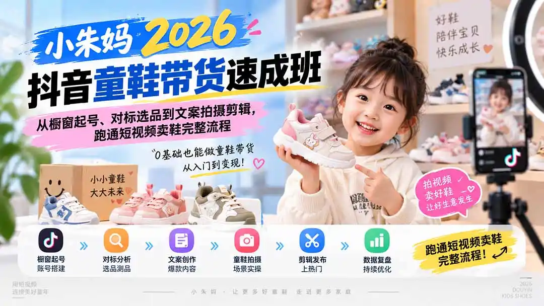 小朱妈2026抖音童鞋带货速成班：从橱窗起号、对标选品到文案拍摄剪辑，跑通短视频卖鞋完整流程-海淘下载站