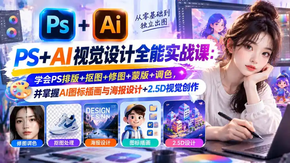 【无水印】PS+AI视觉设计全能实战课：学会PS排版+抠图+修图+蒙版+调色，并掌握AI图标插画与海报设计+2.5D视觉创作-海淘下载站