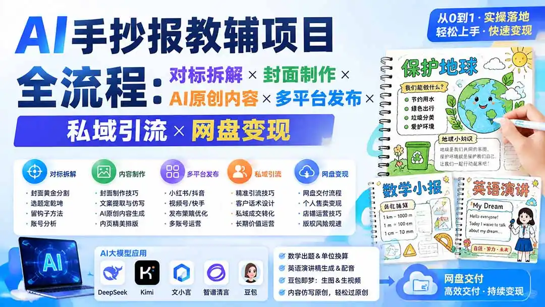 AI手抄报教辅项目全流程:对标拆解×封面制作×AI原创内容×多平台发布×私域引流×网盘变现-海淘下载站