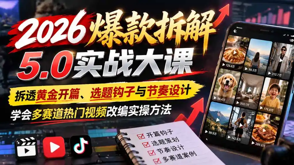 2026爆款拆解5.0实战大课:拆透黄金开篇、选题钩子与节奏设计,学会多赛道热门视频改编实操方法-海淘下载站