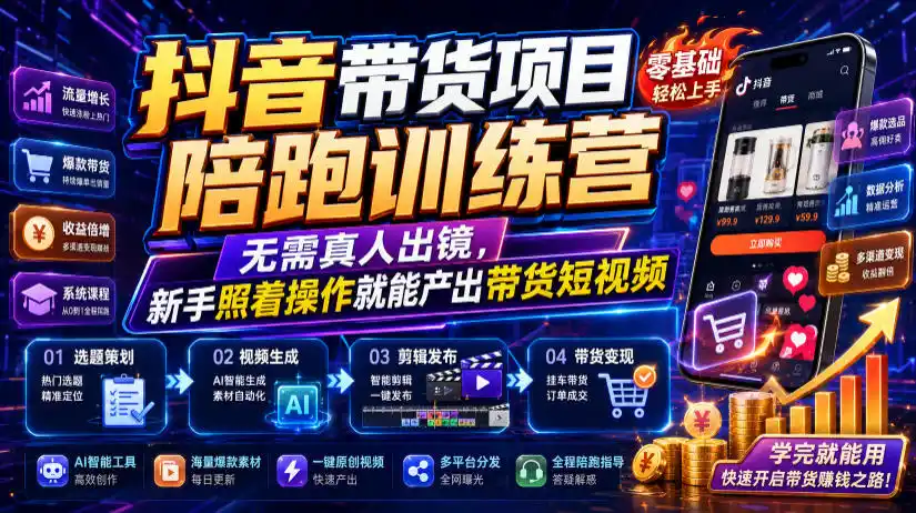 抖音带货项目陪跑训练营,无需真人出镜,新手照着操作就能产出带货短视频(更新0811)-海淘下载站