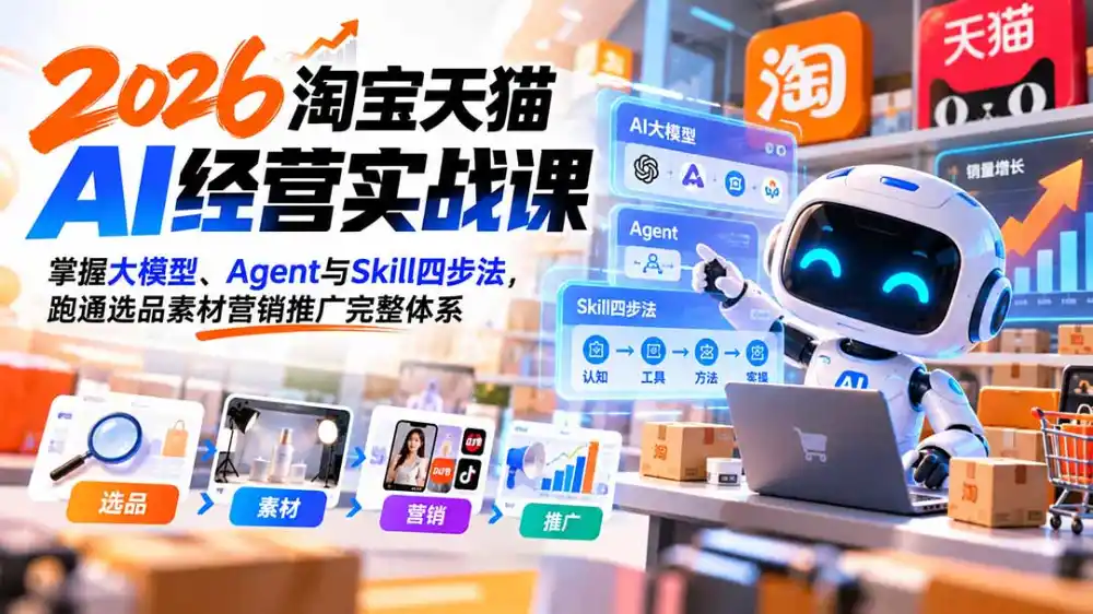 【无水印】2026淘宝天猫AI经营实战课：掌握大模型、Agent与Skill四步法，跑通选品素材营销推广完整体系-海淘下载站