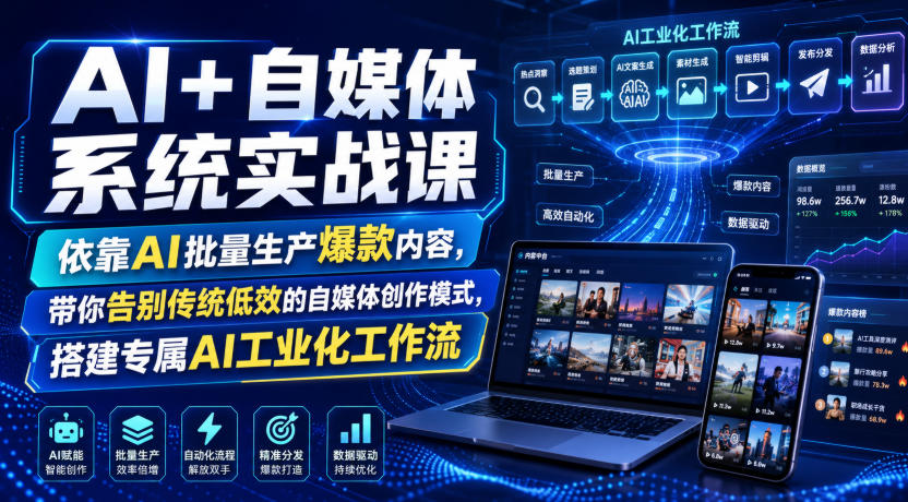 AI+自媒体系统实战课，依靠AI批量生产爆款内容，带你告别传统低效的自媒体创作模式，搭建专属AI工业化工作流-海淘下载站
