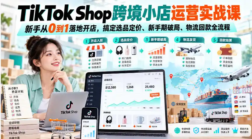 TikTok Shop跨境小店运营实战课，新手从0到1落地开店，搞定选品定价、新手期破局、物流回款全流程-海淘下载站