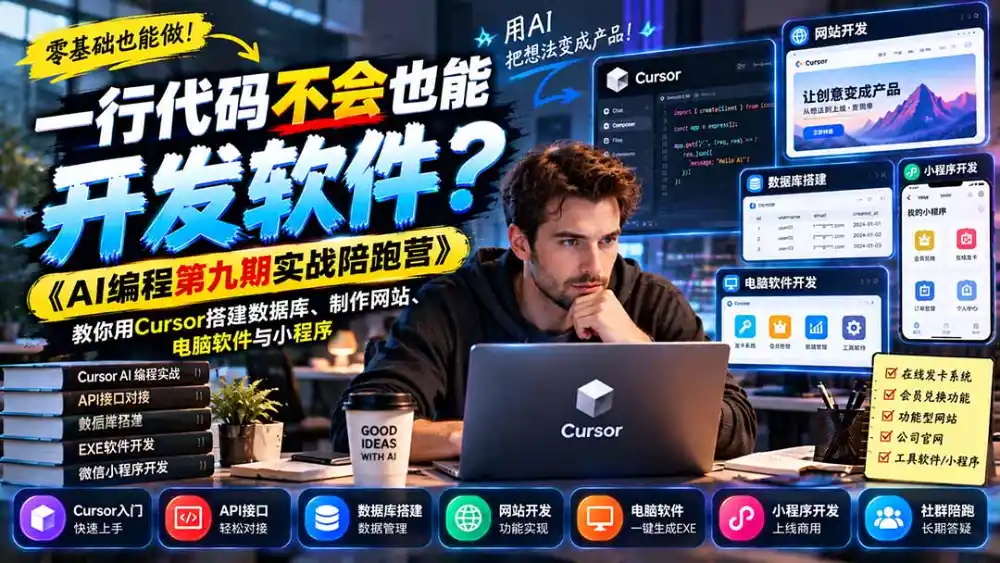 一行代码不会也能开发软件?《AI编程第九期实战陪跑营》教你用Cursor搭建数据库、制作网站、电脑软件与小程序-海淘下载站
