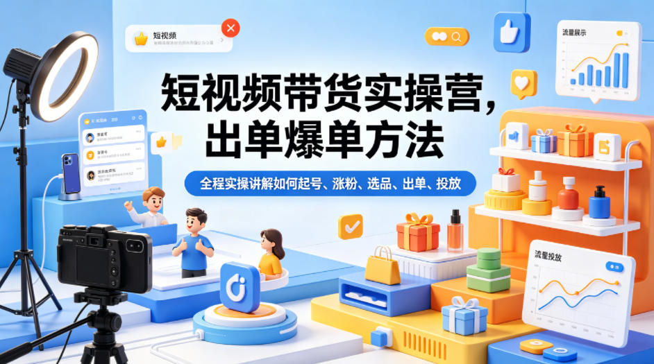 短视频带货实操营，出单爆单方法，全程实操讲解如何起号、涨粉、选品、出单、投放-海淘下载站