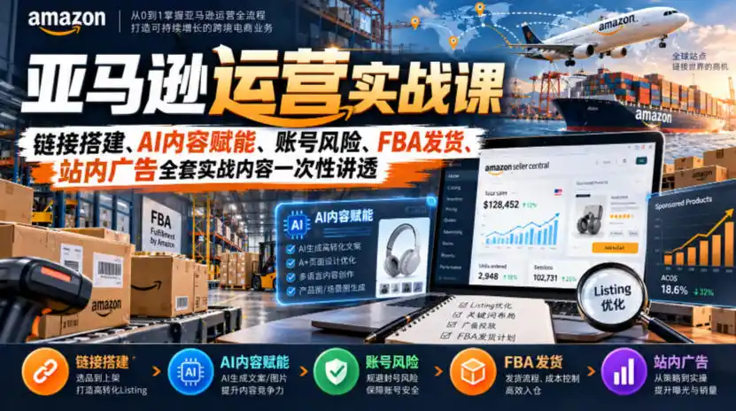 亚马逊运营实战课,链接搭建、AI内容赋能、账号风险、FBA发货、站内广告全套实战内容一次性讲透-海淘下载站