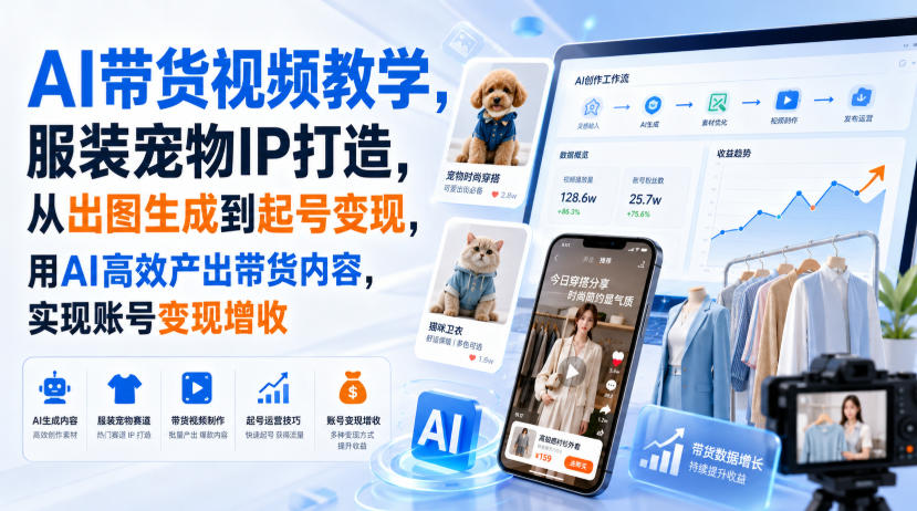 AI带货视频教学，服装宠物IP打造，从出图生成到起号变现，用AI高效产出带货内容，实现账号变现增收-海淘下载站