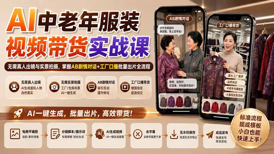 AI中老年服装视频带货实战课：无需真人出镜与实景拍摄，掌握AB剧情对话+工厂口播批量出片全流程-海淘下载站