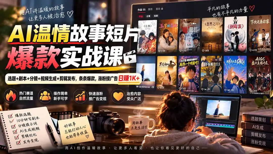 AI温情故事短片爆款实战课-更新｜选题+剧本+分镜+视频生成+剪辑发布，条条爆款，涨粉接广告日赚1K+-海淘下载站