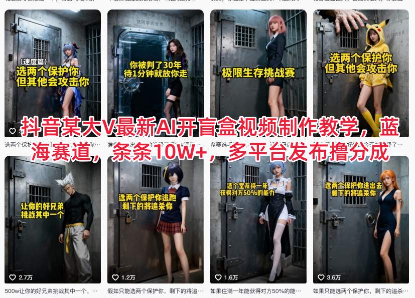 抖音某大V最新AI开盲盒视频制作教学,蓝海赛道,条条10W+,多平台发布撸分成-海淘下载站