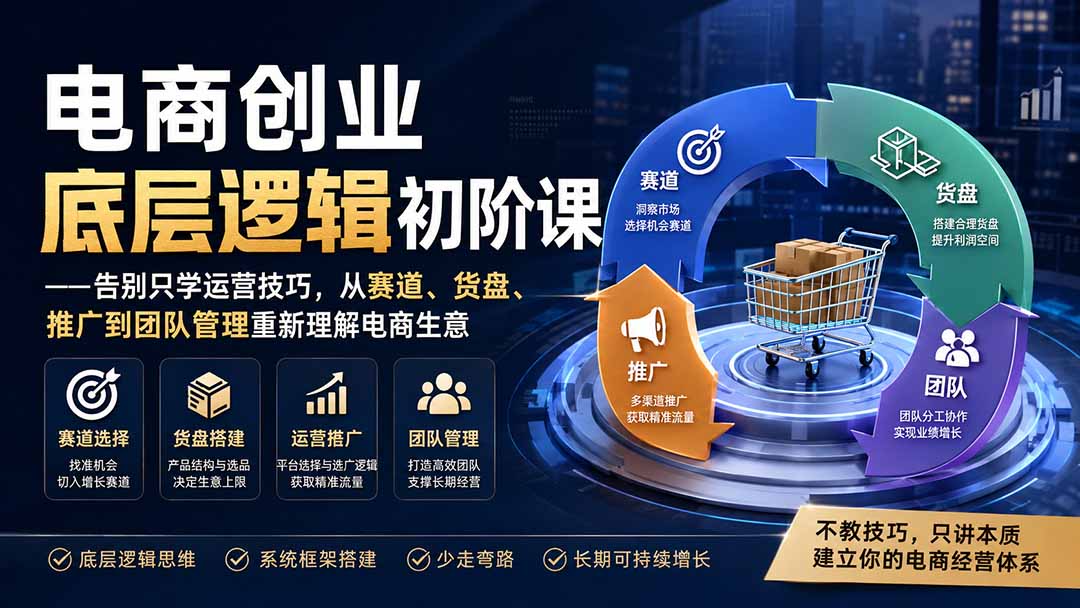 电商创业底层逻辑初阶课——告别只学运营技巧，从赛道、货盘、推广到团队管理重新理解电商生意-海淘下载站
