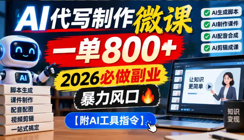 AI代写制作微课,一单800+,2026必做副业,暴力风口【附AI工具指令】【揭秘】-海淘下载站