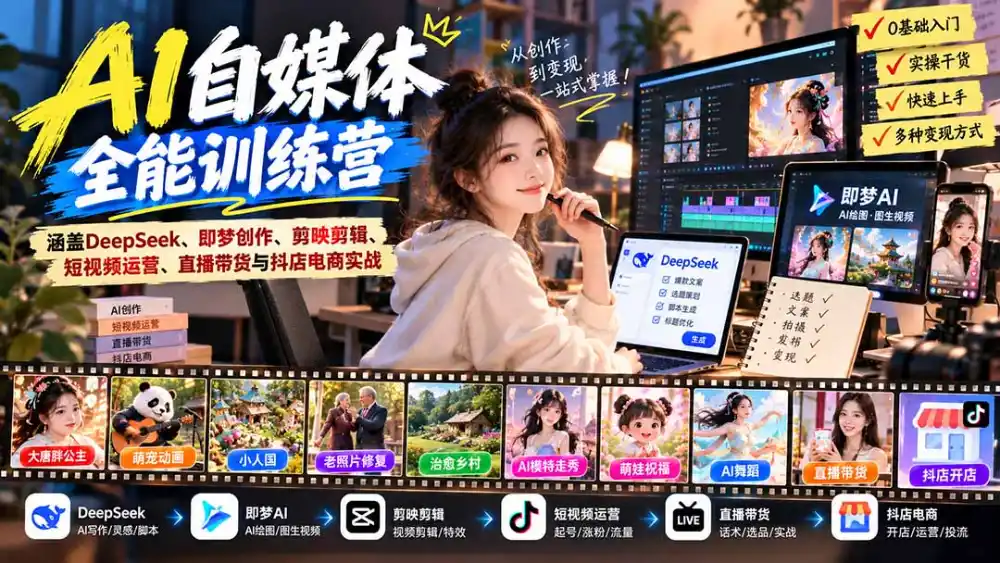 【无水印】AI+自媒体全能训练营：涵盖DeepSeek、即梦创作、剪映剪辑、短视频运营、直播带货与抖店电商实战-海淘下载站