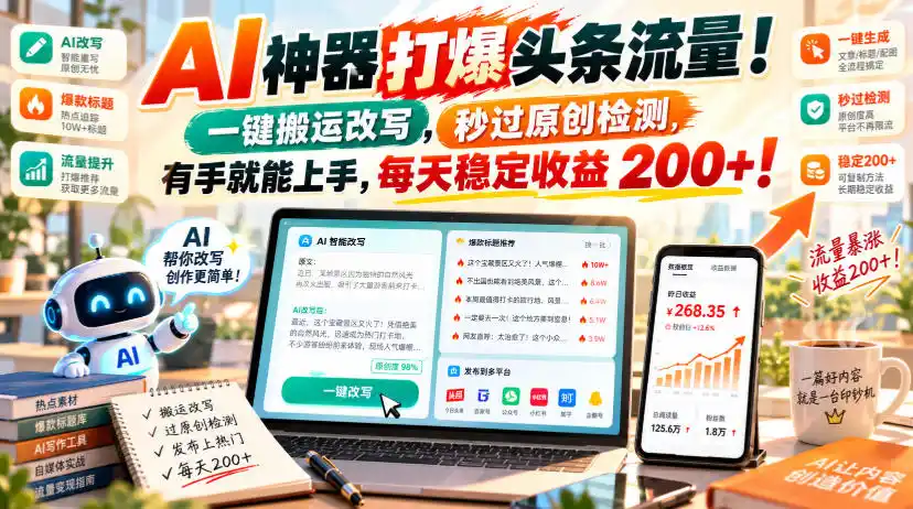 AI神器打爆头条流量,一键搬运改写,秒过原创检测,有手就能上手,每天稳定收益200+!【揭秘】-海淘下载站
