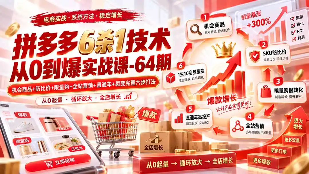 拼多多6杀1技术从0到爆实战课-64期：机会商品+防比价+限量购+全站营销+直通车+裂变完整六步打法-海淘下载站