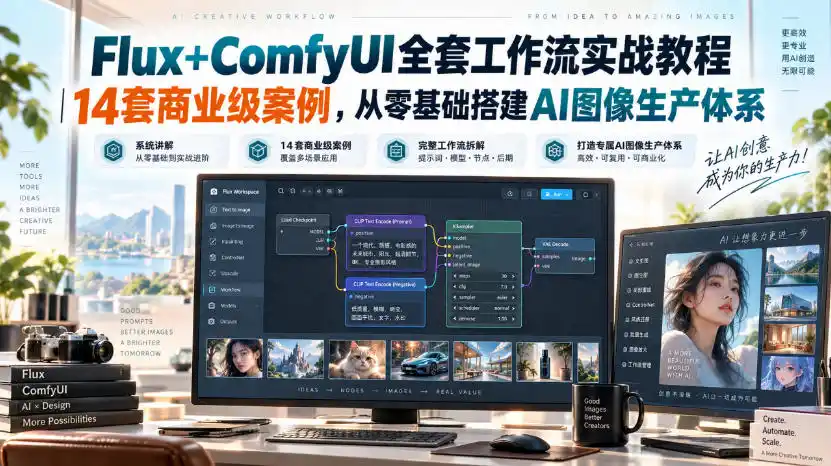 Flux+ComfyUI全套工作流实战教程|14套商业级案例,从零基础搭建AI图像生产体系 Flux+ComfyUI全套工作流实战教程|14套商业级案例,从零基础搭建AI图像生产体系
