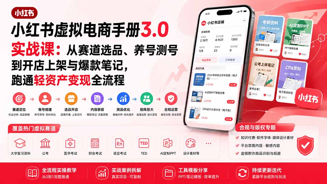 小红书虚拟电商手册3.0实战课：从赛道选品、养号测号到开店上架与爆款笔记，跑通轻资产变现全流程-海淘下载站