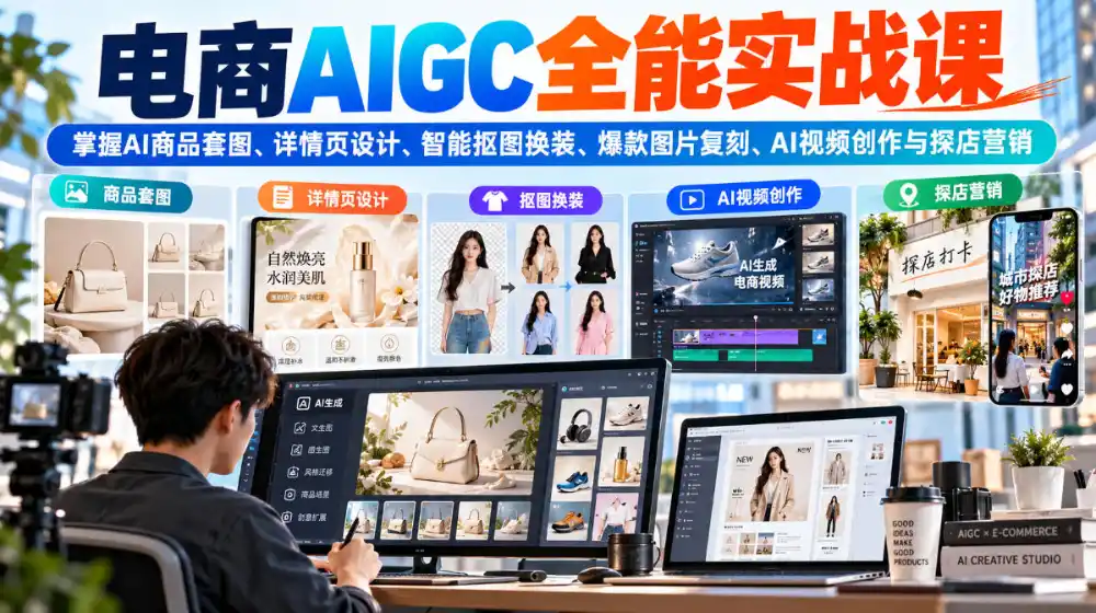 电商AIGC全能实战课：掌握AI商品套图、详情页设计、智能抠图换装、爆款图片复刻、AI视频创作与探店营销-海淘下载站