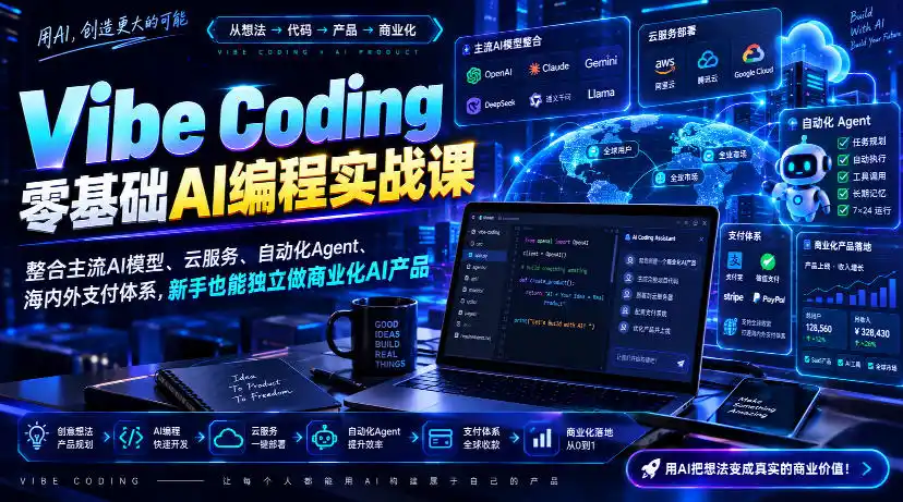 Vibe Coding零基础AI编程实战课-无水印，整合主流AI模型、云服务、自动化Agent、海内外支付体系，新手也能独立做商业化AI产品-海淘下载站