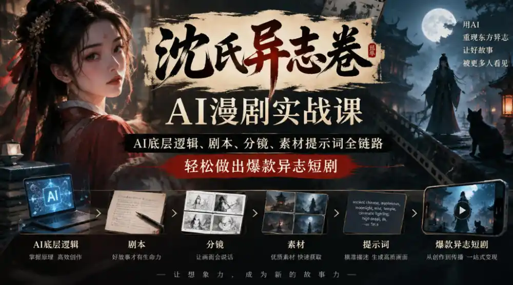 沈氏异志卷AI漫剧实战课｜AI底层逻辑、剧本、分镜、素材提示词全链路，轻松做出爆款异志短剧-海淘下载站