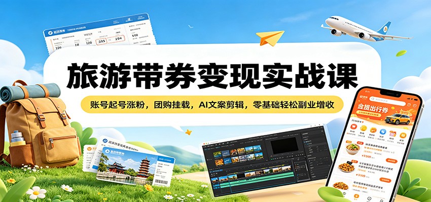 旅游带券变现实战课：账号起号涨粉，团购挂载，AI文案剪辑，零基础轻松副业增收-海淘下载站