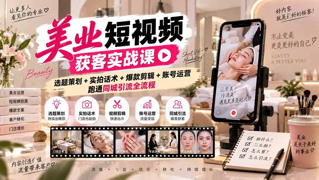 美业短视频获客实战课-无水印：选题策划+实拍话术+爆款剪辑+账号运营，跑通同城引流全流程-海淘下载站