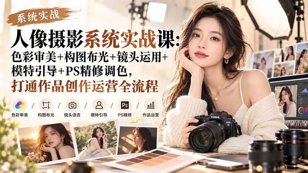 【无水印】人像摄影系统实战课：色彩审美+构图布光+镜头运用+模特引导+PS精修调色，打通作品创作运营全流程-海淘下载站