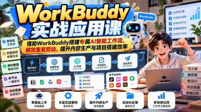 WorkBuddy实战应用课,借助WorkBuddy搭建专属AI智能工作流,解放重复劳动,提升内容生产与项目搭建效率-海淘下载站