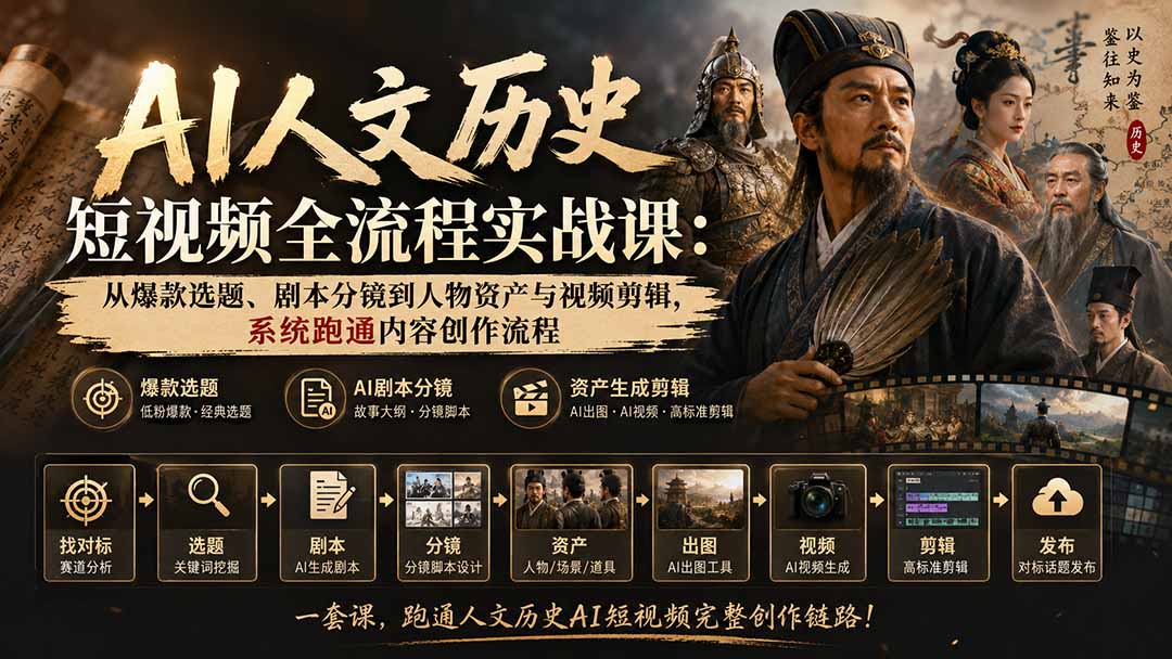 AI人文历史短视频全流程实战课：从爆款选题、剧本分镜到人物资产与视频剪辑，系统跑通内容创作流程-海淘下载站