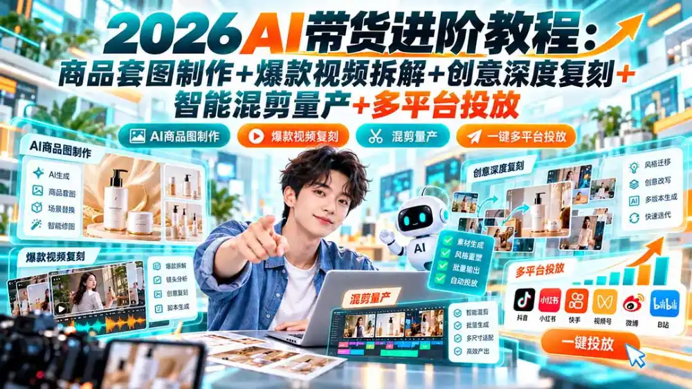 2026AI带货进阶教程：商品套图制作+爆款视频拆解+创意深度复刻+智能混剪量产+多平台投放-海淘下载站