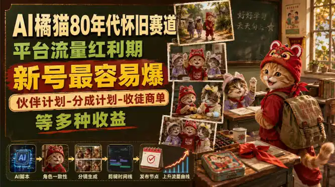 AI橘猫80年代怀旧赛道,平台流量红利期,新号最容易爆,伙伴计划-分成计划-收徒商单等多种收益-海淘下载站