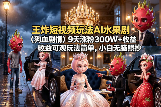 王炸短视频玩法AI水果剧(狗血剧情)9天涨粉300W+收益可观玩法简单，小白无脑照抄，详细拆解玩法-海淘下载站