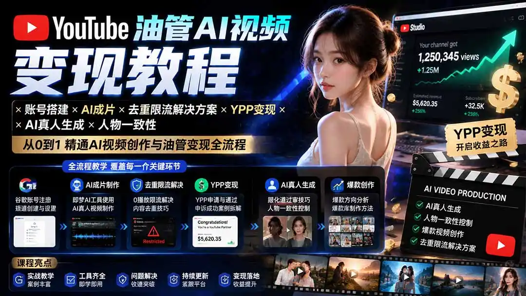 YouTube油管AI视频变现教程-更新0926：账号搭建×AI成片×去重限流解决方案×YPP变现×AI真人生成×人物一致性