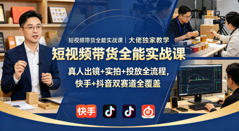 短视频带货全能实战课｜大佬独家教学，真人出镜+实拍+投放全流程，快手+抖音双赛道全覆盖-海淘下载站