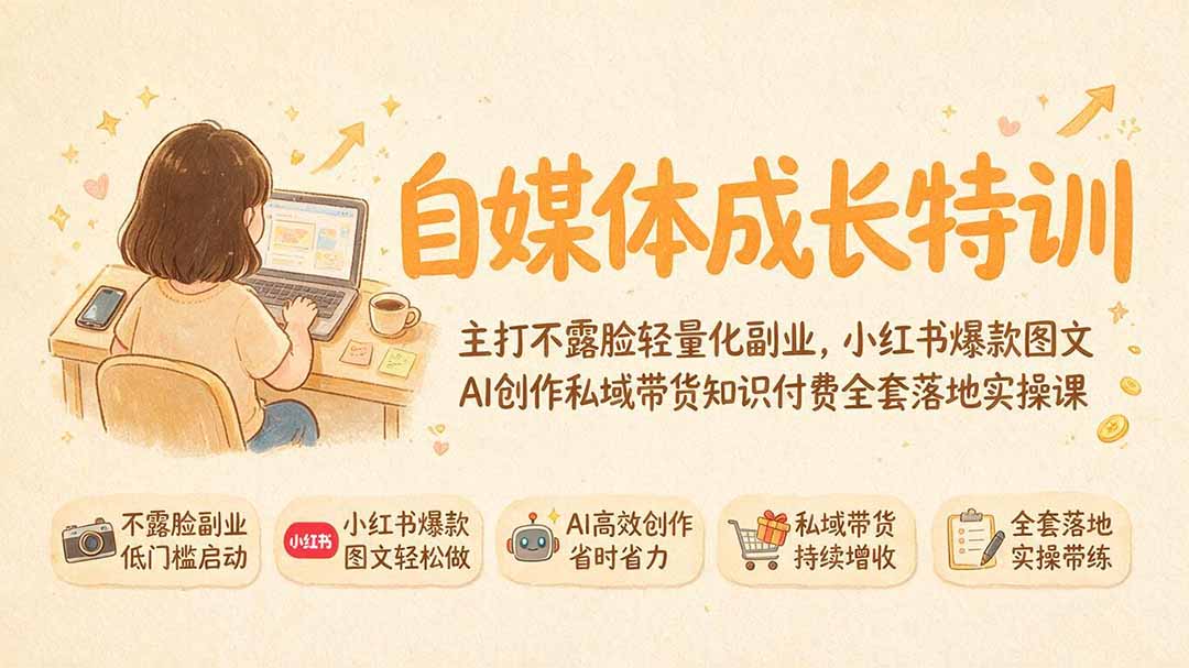 自媒体成长特训｜主打不露脸轻量化副业，小红书爆款图文AI创作私域带货知识付费全套落地实操课-海淘下载站
