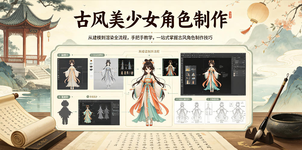 古风美少女角色制作，从建模到渲染全流程，手把手教学，一站式掌握古风角色制作技巧-海淘下载站