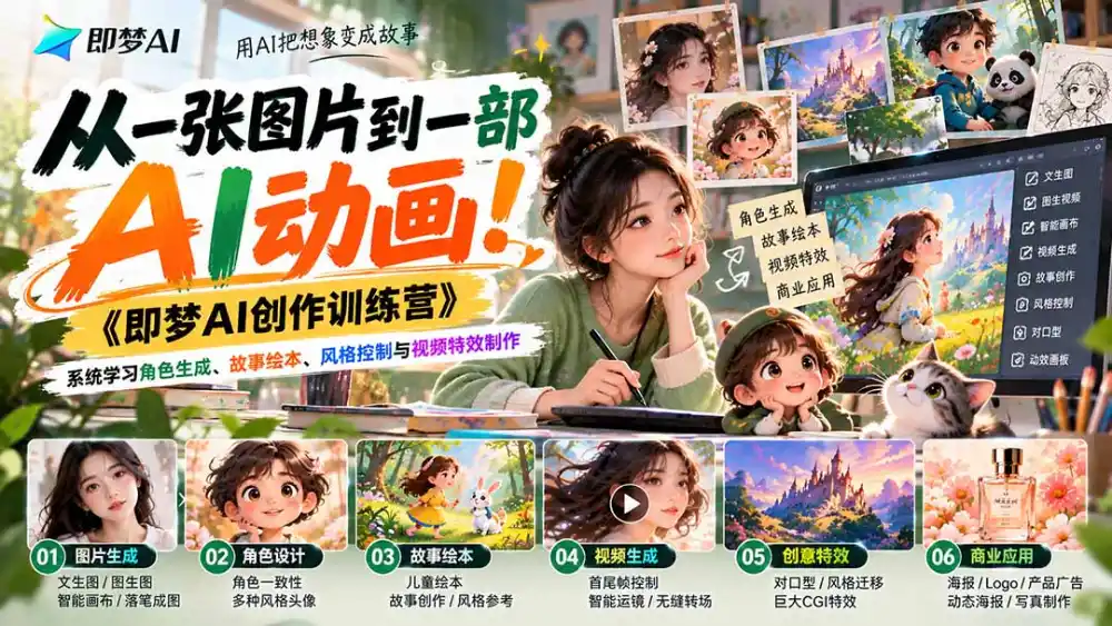 【无水印】从一张图片到一部AI动画!《即梦AI创作训练营》系统学习角色生成、故事绘本、风格控制与视频特效制作-海淘下载站