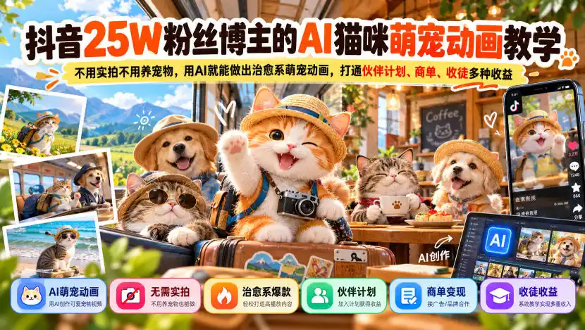 抖音25W粉丝博主的AI猫咪萌宠动画教学，不用实拍不用养宠物，用AI就能做出治愈系萌宠动画，打通伙伴计划、商单、收徒多种收益-海淘下载站